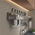 Stainless Steel Wall Mounted Kitchen Utensil Rack With Knives Scissors Spice Bottles And Cooking Tools