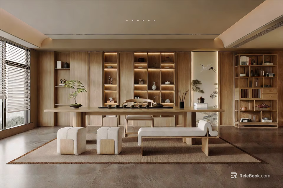 Minimalist Wooden Tea Room Interior With Shelves Tea Sets And Comfortable Seats 3d model 