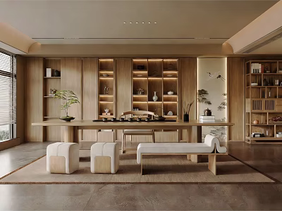 Minimalist Wooden Tea Room Interior With Shelves Tea Sets And Comfortable Seats 3d model