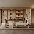 Minimalist Wooden Tea Room Interior With Shelves Tea Sets And Comfortable Seats