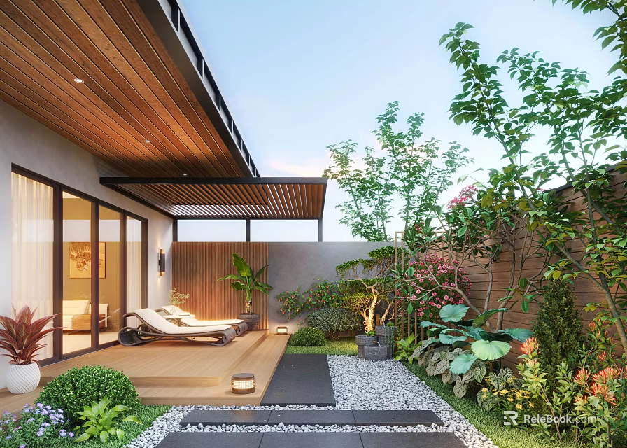 Modern Courtyard Garden With Wooden Deck Loungers Lush Green Plants Flowers And Pebble Path 3d model 