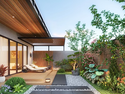 Modern Courtyard Garden With Wooden Deck Loungers Lush Green Plants Flowers And Pebble Path 3d model