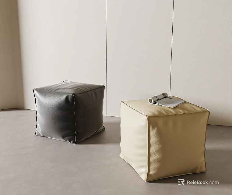 Square Leather Ottomans Black and Beige with Magazine on Beige One in Modern Interior 3d model 