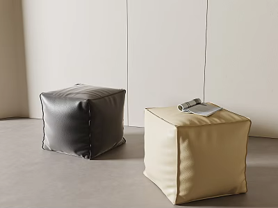 Square Leather Ottomans Black and Beige with Magazine on Beige One in Modern Interior 3d model
