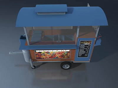 Blue Mobile Food Cart With Transparent Window Menu Board And Colorful Food 3d model