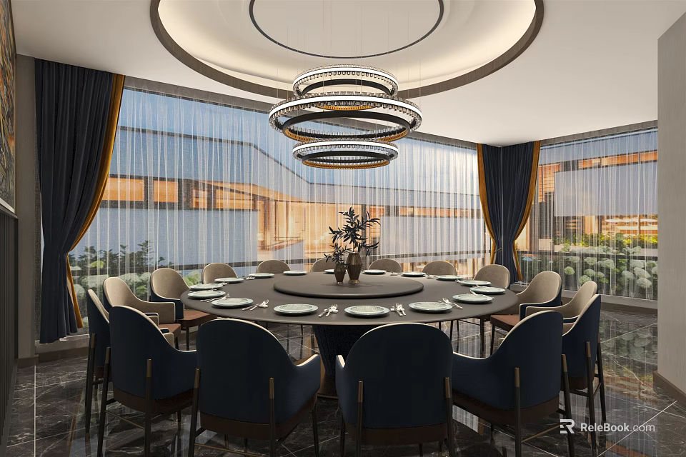 Elegant Private Dining Room Interior With Round Table Chandelier Chairs And Window View 3d model