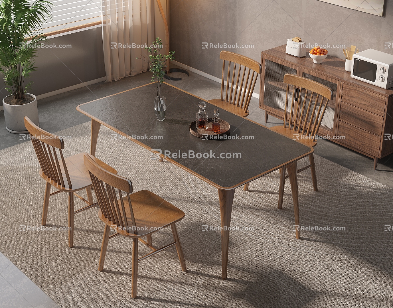 Quiet Ancient Style Dining Table and Chair Combination Solid Wood Dining Table and Chair Rectangular Dining Table for Four Solid Wood Dining Chair Sideboard 3d model