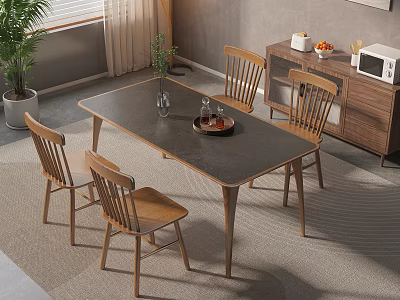 Modern Wooden Dining Table Set With Four Chairs Vase Tray And Side Cabinet 3d model