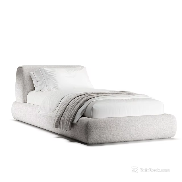 Modern Upholstered Single Bed with White Pillows and Gray Blanket Interior Design 3d model