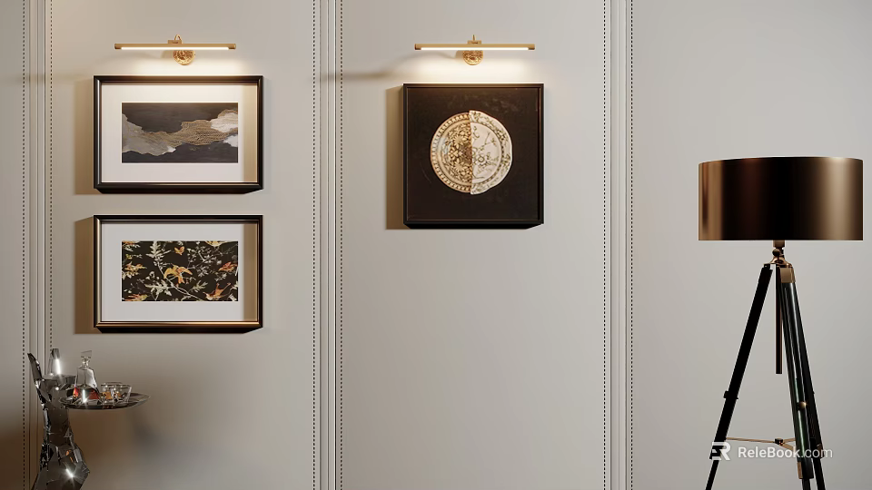 Abstract Painting On Light Paneled Wall With Brass Wall Sconces And Modern Interior Decor 3d model 