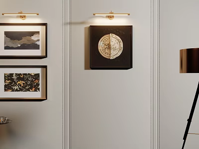 Abstract Painting On Light Paneled Wall With Brass Wall Sconces And Modern Interior Decor 3d model