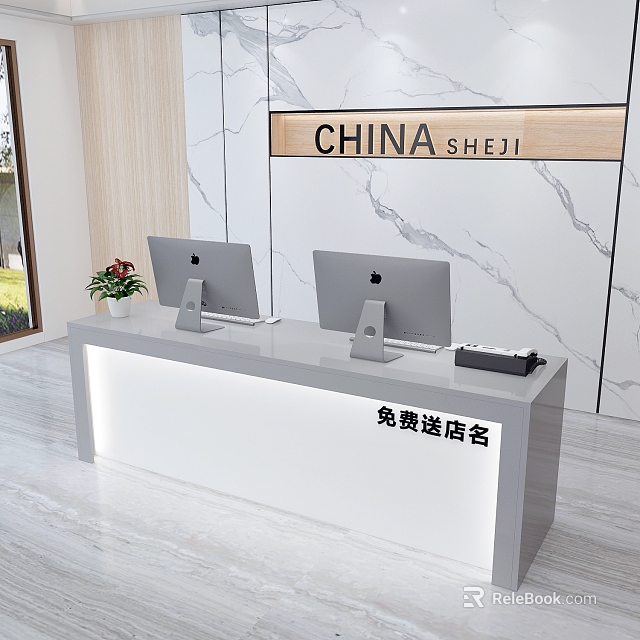 Modern Shop Front Desk With Two Computers And Marble Wall Design 3d model 