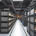 Server Room Featuring Multiple Racks Orange Walls Black Ceiling White Floor Long Strip Lights 3d model