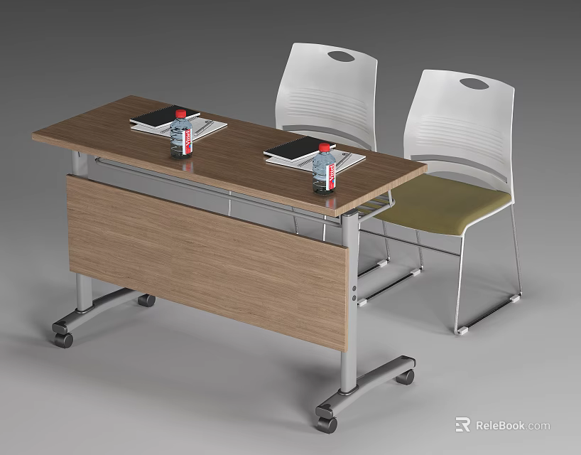 Office Desk With Wooden Top Metal Wheels Two Laptops Beverages And Two White Back Chairs 3d model 