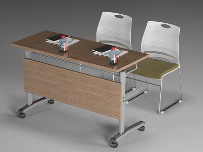 Office Desk With Wooden Top Metal Wheels Two Laptops Beverages And Two White Back Chairs 3d model