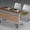 Office Desk With Wooden Top Metal Wheels Two Laptops Beverages And Two White Back Chairs