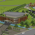 Modern Langsea Sales Office Building with Curved Wooden Facade Green Roof and Luxury Cars