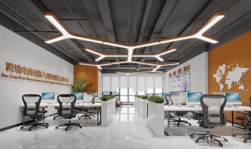 Modern Minimalist Public Office Space With Open Plan Workstations Computer Screens And Geometric Lights 3d model