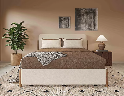 Modern Double Bed Interior Design With Beige Upholstered Headboard Side Table Lamp And Wall Art 3d model