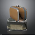 Retro Stacked Suitcases With Orange Blue Stripes Green Label And Metallic Trim