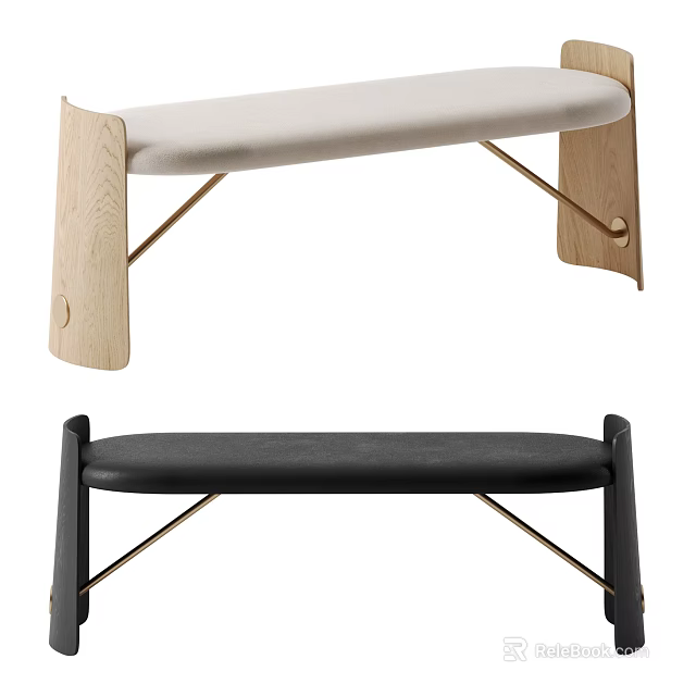 Modern Upholstered Benches With Wooden Legs And Metal Frames In Light Dark Tones 3d model 