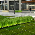 Modern Outdoor Garden Ornament Featuring Illuminated Bench Green Grass And Stone Pavement