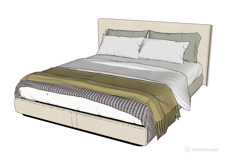 Double Bed With Beige Headboard White Sheets Striped Blanket And Pillows 3d model