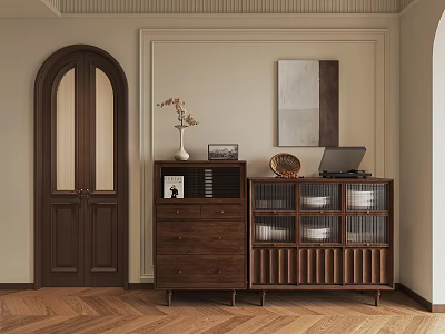 Elegant Wooden Sideboard With Vase Books Laptop And Decorative Painting Near Arched Door 3d model