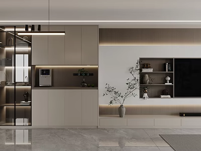 Modern Interior Design With TV Wall Open Shelves Light Colored Cabinets Green Plant Soft Lighting 3d model