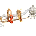Fun Wooden Playground Equipment With Slides Net Structures Windmill Huts And Climbing Features 3d model