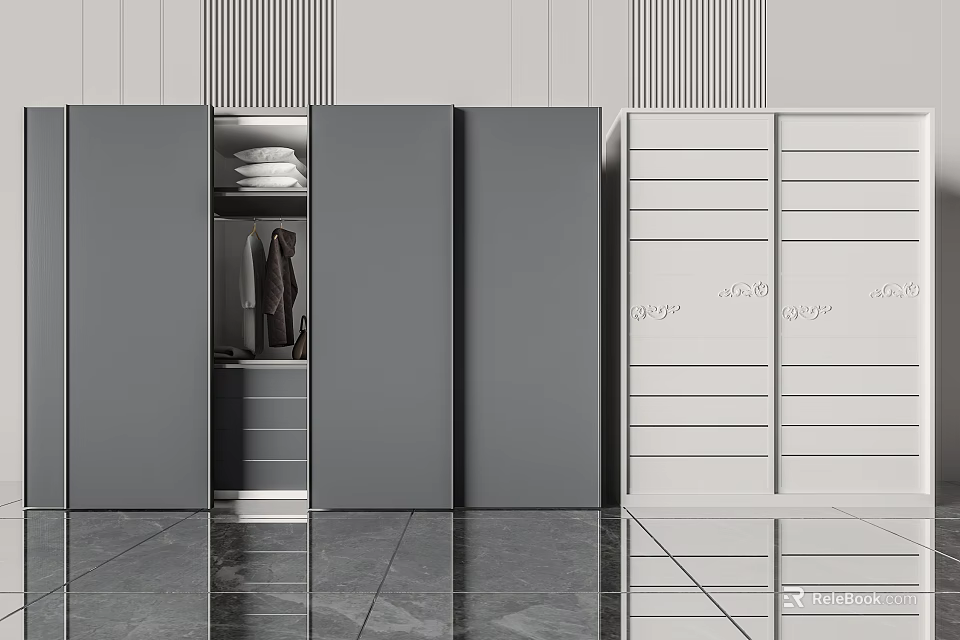 Sleek Modern Two Tone Wardrobe Design With Sliding Doors Hanging Rods And Drawers 3d model 