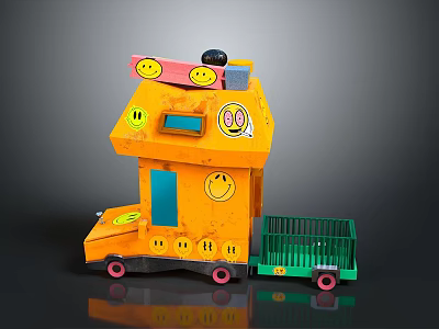Yellow House Shaped Toy Truck With Smiley Face And Green Trailer Red Wheels 3d model