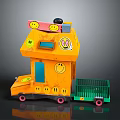 Yellow House Shaped Toy Truck With Smiley Face And Green Trailer Red Wheels