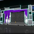 Contemporary Stage Design Featuring Purple Curtains Blue Lighting Geometric Decorations Spotlights And Standing Central Person