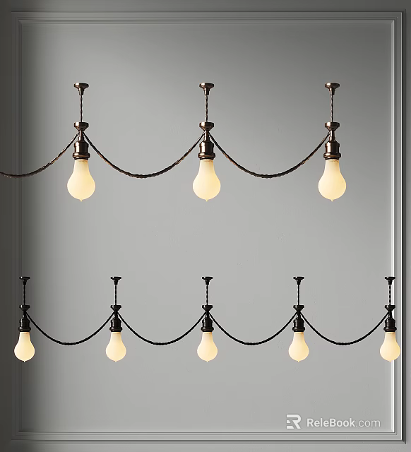 Two Rows of Minimalist Pendant Lights with White Bulbs Dark Metal Frames and Grey Wall 3d model 
