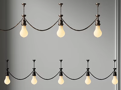 Two Rows of Minimalist Pendant Lights with White Bulbs Dark Metal Frames and Grey Wall 3d model