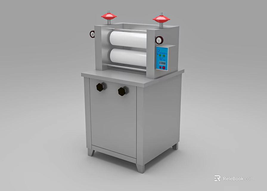 Restaurant Stainless Steel Dough Roller Machine With White Rollers Red Knobs Blue Control Panel 3d model 