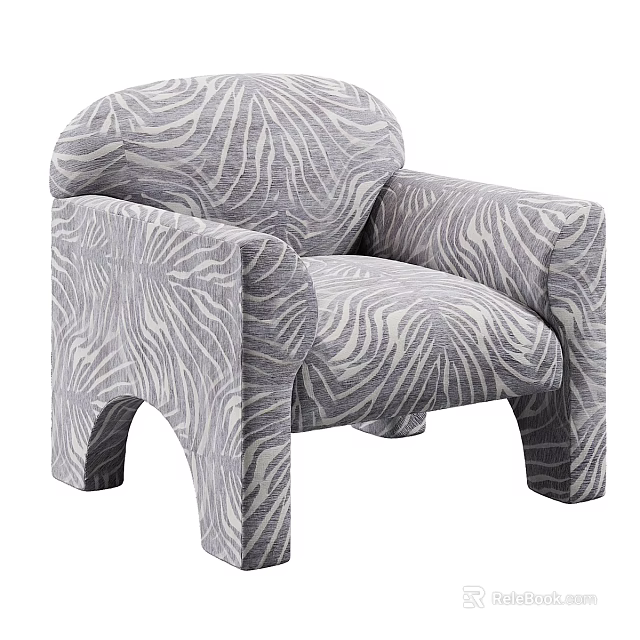 Modern Accent Chair With Gray White Zebra Striped Pattern And Organic Shape Design 3d model 