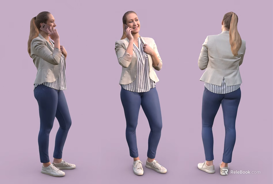 Woman Wearing Beige Blazer Striped Shirt Blue Skinny Jeans White Sneakers On Light Purple Background 3d model 
