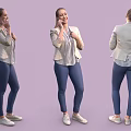 Woman Wearing Beige Blazer Striped Shirt Blue Skinny Jeans White Sneakers On Light Purple Background