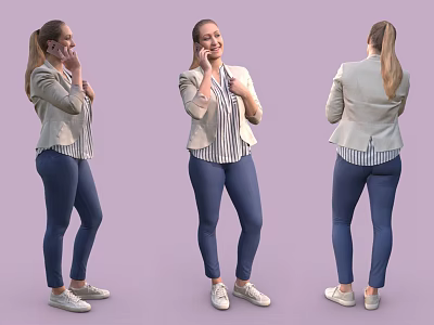 Woman Wearing Beige Blazer Striped Shirt Blue Skinny Jeans White Sneakers On Light Purple Background 3d model