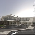 Modern Sales Office Building Architectural Design With Glass Curtain Walls Water Features And Landscape