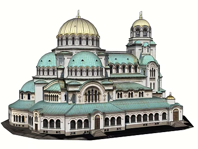 Elegant Orthodox Church Building With Golden Domes Green Roofs And Arched Windows 3d model