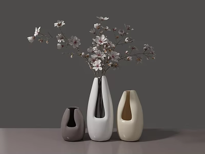 Three Decorative Vases With Pink White Blossoms On Gray Tabletop Background 3d model