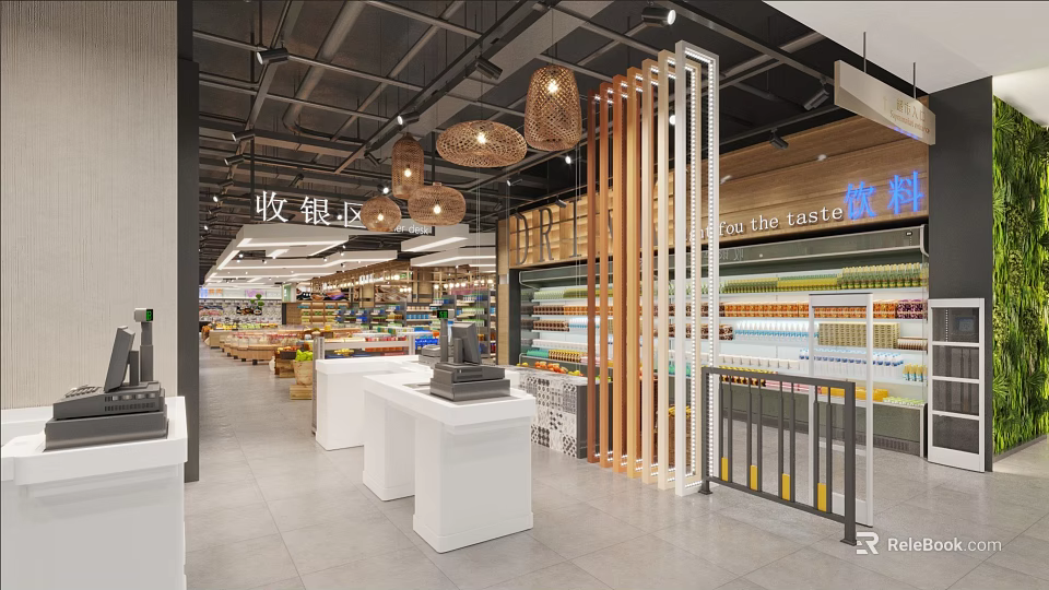 Bright Modern Supermarket Department Store Interior Design With Checkout Counters And Neat Commodity Display Shelves 3d model 