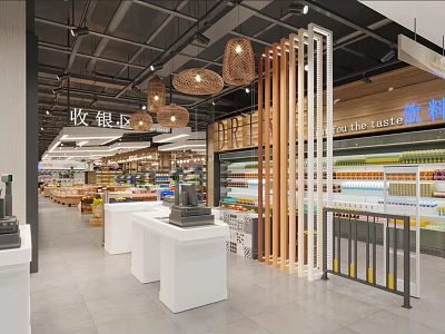 Bright Modern Supermarket Department Store Interior Design With Checkout Counters And Neat Commodity Display Shelves 3d model