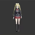 Anime Schoolgirl With Blonde Hair Pink Glasses Black Uniform Jacket Red Skirt Gray Socks
