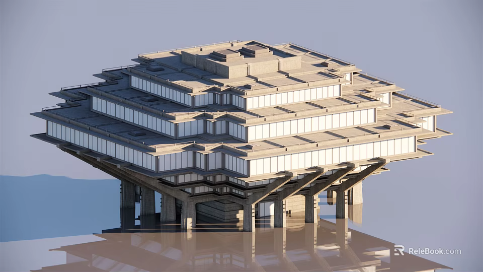 Modern Multi Level Architectural Structure With Glass Facade And Water Reflected Pillars 3d model