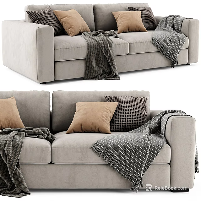 Light Gray Sectional Sofa Set With Brown And Plaid Throw Pillows And Blankets 3d model