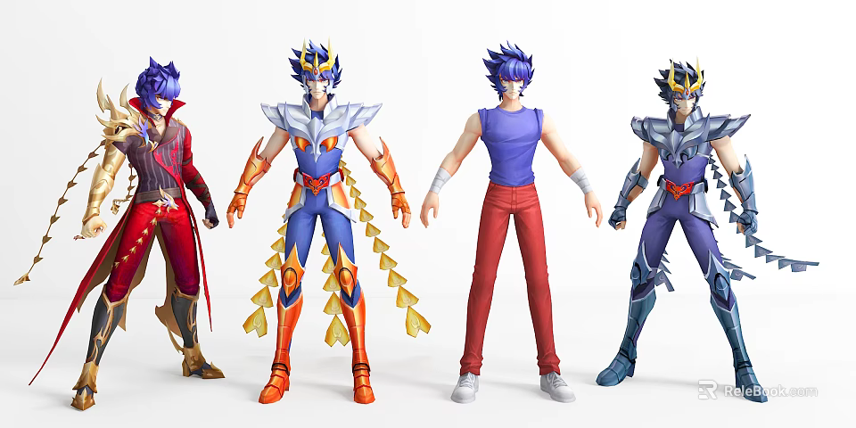 Four Game And Movie Characters With Blue Hair In Armor And Casual Outfits 3d model 